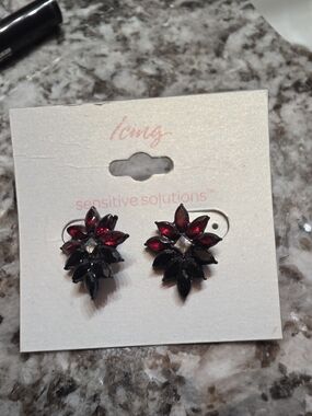 Icing Red and Black Floral Crystal Stud Earrings